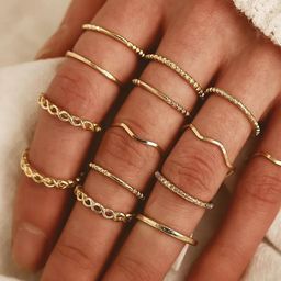 DressBerry Pack of 14 Pieces Gold-Plated Multi Designs Stacked Ring Set-image-37