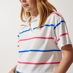 Happiness istanbul Women Striped Polo Collar Pockets T-shirt-image-80