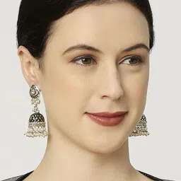Anouk Gold-Plated Artificial Stones Studded And Beaded Dome Shaped Jhumkas image 3