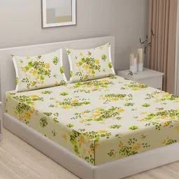 SWAYAM Green & Yellow Floral 160 TC King Bedsheet with 2 Pillow Covers-image-63