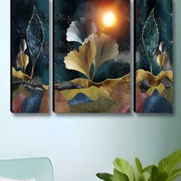 Myntra Elegant Homes Blue 3 Pcs Leaf & Moon Floral & Botanical Synthetic Wood Wall Art-image-78