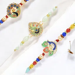MEIRA JEWELLERY Set Of 3 Peacock Design Rakhis With Greeting card & Roli Chawal-image-47