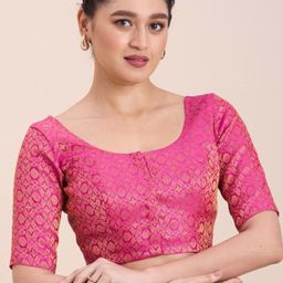 Studio Shringaar Ethnic Motifs Woven Design Round Neck Brocade Saree Blouse-image-4