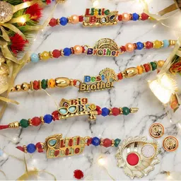MEIRA JEWELLERY 5-Pcs Kundan Studded Thread Rakhi With Greeting Card & Roli Chawal-image-75