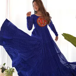 Tanhai Leheriya Printed Mirror Work Tiered Georgette Fit and Flare Ethnic Dress-image-64