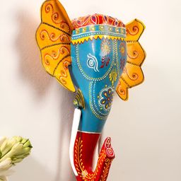 Atrangi Studio Turquoise Blue & Yellow Elephant Printed Wooden Wall Masks-image-26