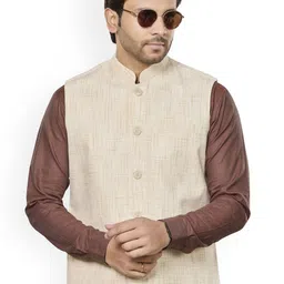 Authentics Cotton Mandarin Collar Textured Nehru Jacket-12