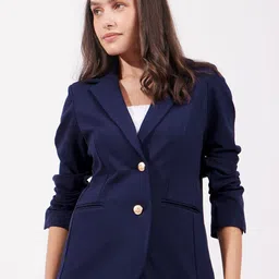 FableStreet Women Navy Blue Lapel Collar Long Sleeves Tailored Jacket-16