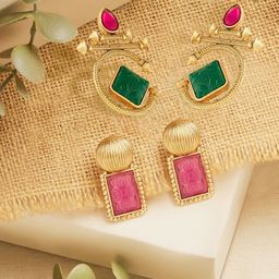 AMI Set Of 2 Gold-Plated Artificial Stones Studded Geometric Shaped Drop Earrings-image-49