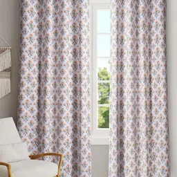 BLANC9 White & Orange 2 Pieces Floral Printed Black Out Door Curtain-29