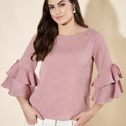 Slenor Checked Flared Sleeve Ruffles Crepe Top-image-27