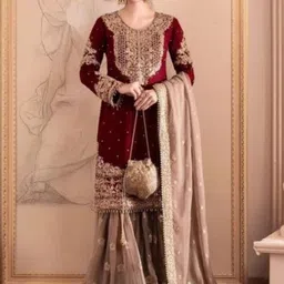 NARI DREAM Ethnic Motifs Embroidered Straight Beads & Stones Kurta With Sharara & Dupatta-picture-24