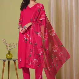 GoSriKi Floral Printed V-Neck Straight Kurta With Trouser And Dupatta-picture-12