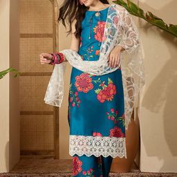 Sangria Women Floral Printed Straight Kurta & Palazzo With Dupatta-image-66