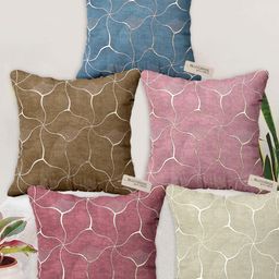 Blue Grass Pink & Green 5 Pieces Abstract Printed Velvet Square Cushion Covers-image-8