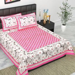 UNIBLISS Pink & White Floral Jaipuri Printed Cotton 144TC Queen Bedsheet Set-2.15mx2.35m-image-67