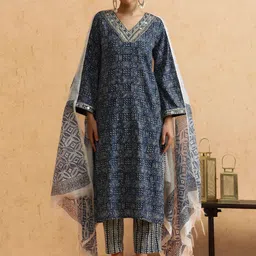 STYLEBAAZI Striped Embroidered Mirror Work Pure Cotton Kurta With Trouser And Dupatta-image-34