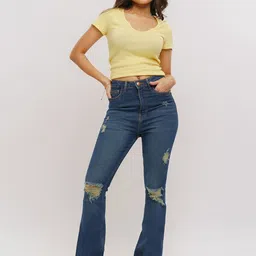 FREAKINS Women Vintage Blue Stretch Bootcut Jeans-image-61