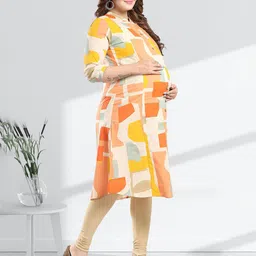 MomsBae Abstract Printed Mandarin Collar Pure Cotton Feeding Maternity A-Line Kurta-19