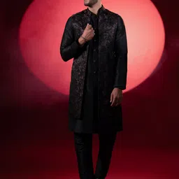 TheEthnic.Co Mandarin Collar Regular Satin Kurta With Pyjama & Embroidered Long Jacket-picture-30