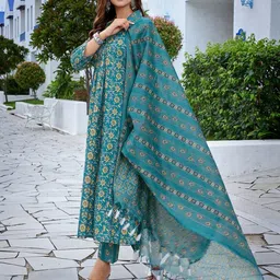 ODETTE Floral Printed V-Neck A-Line Kurta With Trousers & Dupatta image 2