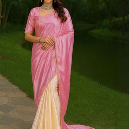 Moda Rapido Women Pink & Cream Satin Embellished Saree-picture-27
