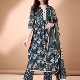 Anouk Floral Printed Pleated Pure Cotton Anarkali Kurta with Trousers & Dupatta-14
