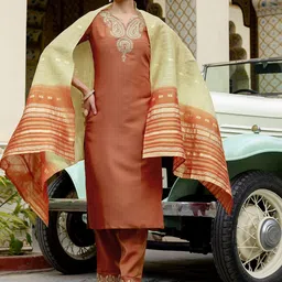 KALINI Womens Silk Blend Embroidered V-Neck Straight Kurta Trousers With Dupatta-image-43