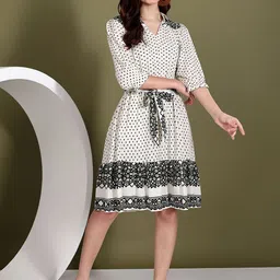 INUKA Women Off White Abstract Print A-Line Knee Length Dress-picture-10