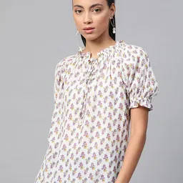 KALINI Print Tie-Up Neck Puff Sleeve Crepe Top-picture-9