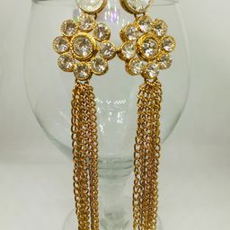Dhivara Copper-Plated Artificial Stones Studded Tasselled Floral Shaped Drop Earrings-image-77