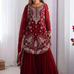LeeliPeeri Designer Floral Embroidered Georgette Sequinned Kurta With Sharara And Dupatta image 2