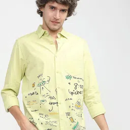 HIGHLANDER Men Cutaway Collar Abstract Printed Cotton Slim Fit Casual Shirt-image-85
