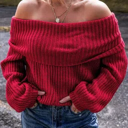 Errabelly Women Off-ShoulderRibbed Pullover Sweater-picture-42