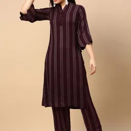 SHOWOFF Women Striped Regular Kurta with Trousers-image-44