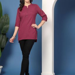 Pistaa Mandarin Collar Roll-Up Sleeves Pure Cotton Kurti-picture-9