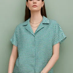 Mast & Harbour Houndstooth Women Checked Cotton Short Sleeve Shirt Style Top-picture-47