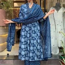 GEKHA Floral Printed V-Neck Pure Cotton A-Line Kurta With Trousers And Dupatta-image-9