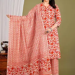 Moajaza Floral Printed V- Neck Pure Cotton A-Line Kurta With Trousers & Dupatta-picture-53
