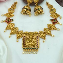Diksha collection Brass-Plated Stone Studded & Beaded Temple Jewellery Set-image-93