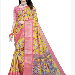SSHAGUN LIFESTYLE Yellow & Pink Embellished Printed Floral Print Bollywood Cotton Silk Saree-picture-41
