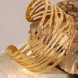 SHARLEEZ 18KT Gold-Plated Stainless Steel Waterproof Irregular Lines Open Cuff Bracelet-27