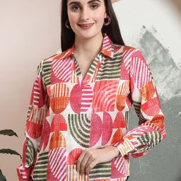 FITHUB Women Geometric Printed Shirt Collar SatinShirt Style Top-picture-9