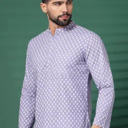 Sangria Lavender Floral Printed Mandarin Collar Cotton Short Kurta-image-6
