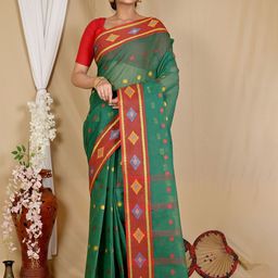 PuJoy Woven Design Pure Cotton Handloom Taant Saree-image-85