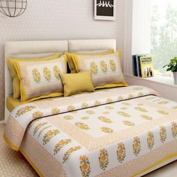 Aura White & Yellow Floral 144 TC Queen Bedsheet with 2 Pillow Covers-image-70