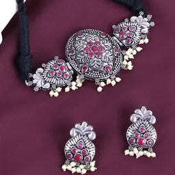 Anouk Silver-Plated Stone-Studded & Beaded Oxidised Jewellery Set-picture-1