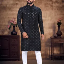MD Retail Men Embroidered Straight Kurta (Black)-10