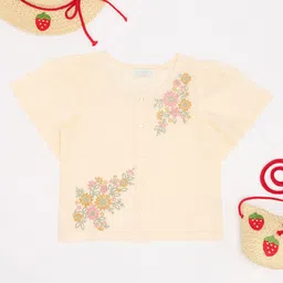 AKKRITI BY PANTALOONS Girl Floral Embroidered Cap Sleeves Cotton Top-image-83