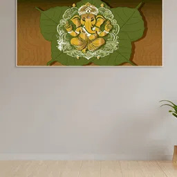 nestroots Green & Yellow Lord Ganesha On Leaf Printed Religious Canvas Painting Wall Art-image-60